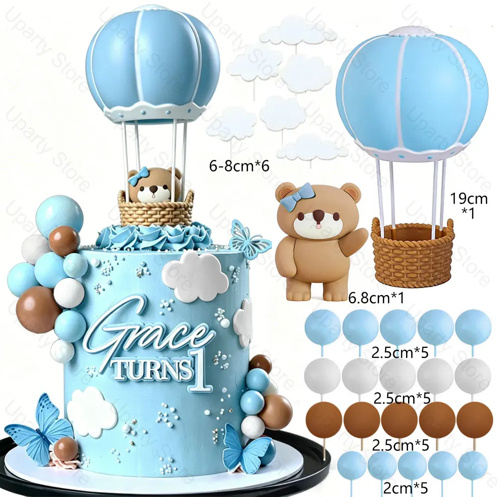 28pcs  Blue Hot Air Balloons Cake Decoration White Cloud Pink Blue Brown Bear Cake Toppers for Birthday Baby Shower Party Decor - view 3