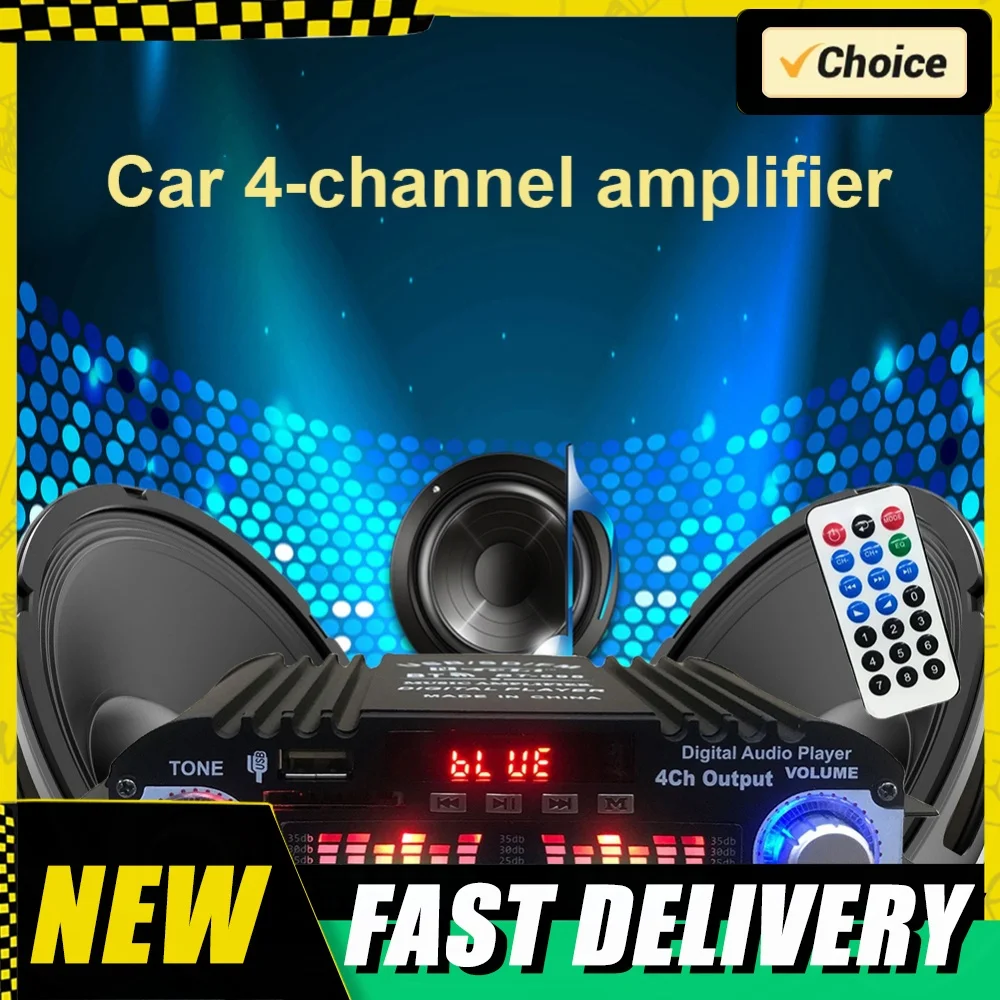 1600W Peak Power Home Car Power Amplifier FM Radio USB Bluetooth-Compatible 4 Channel Bluetooth-Compatible Sound Remote Control