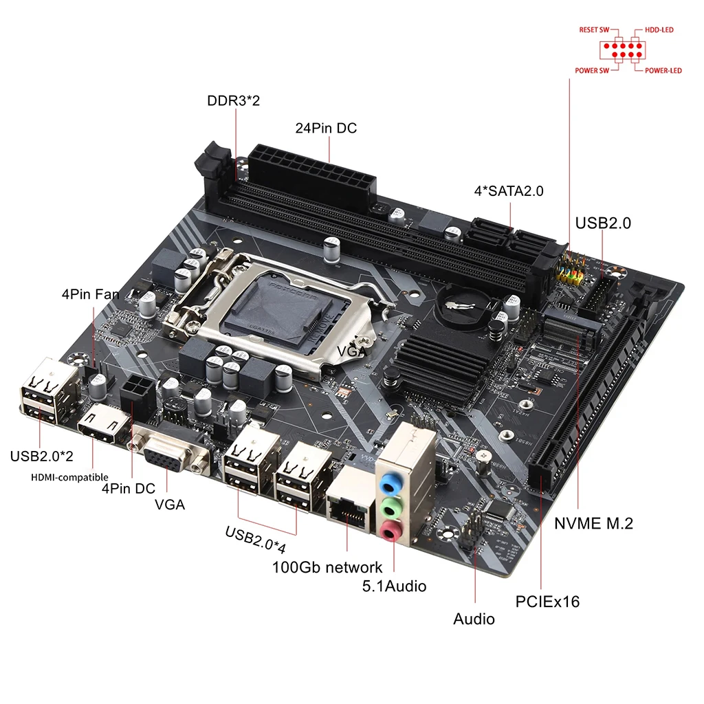 H61-S Desktop Motherboard Socket LGA 1155 for Intel Core i3 i5 i7 2*DDR3 Memory SATA2.0 PCIE 16G H61 PC Mainboard for M.2 NVME