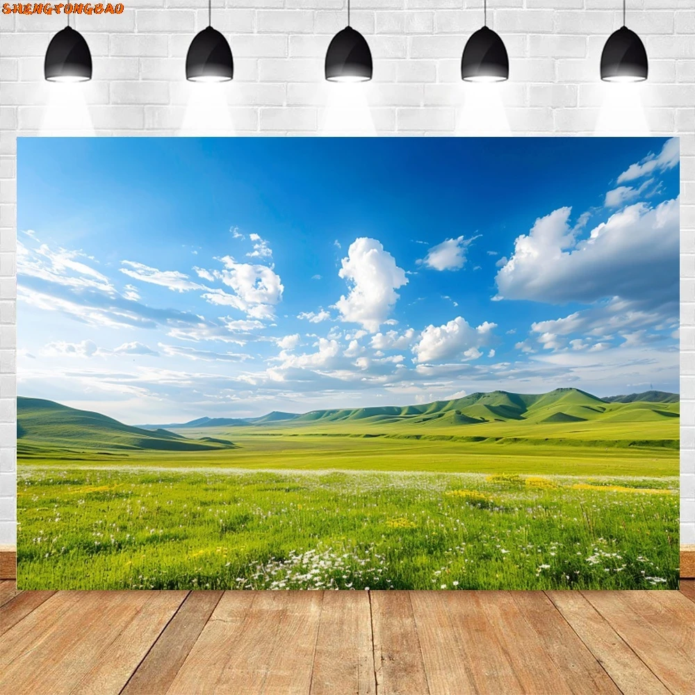 Spring Natural Landscape Backdrop Photography Blue Sky White Cloud Sunshine Green Grass Flowers Scene Background Photozone Props
