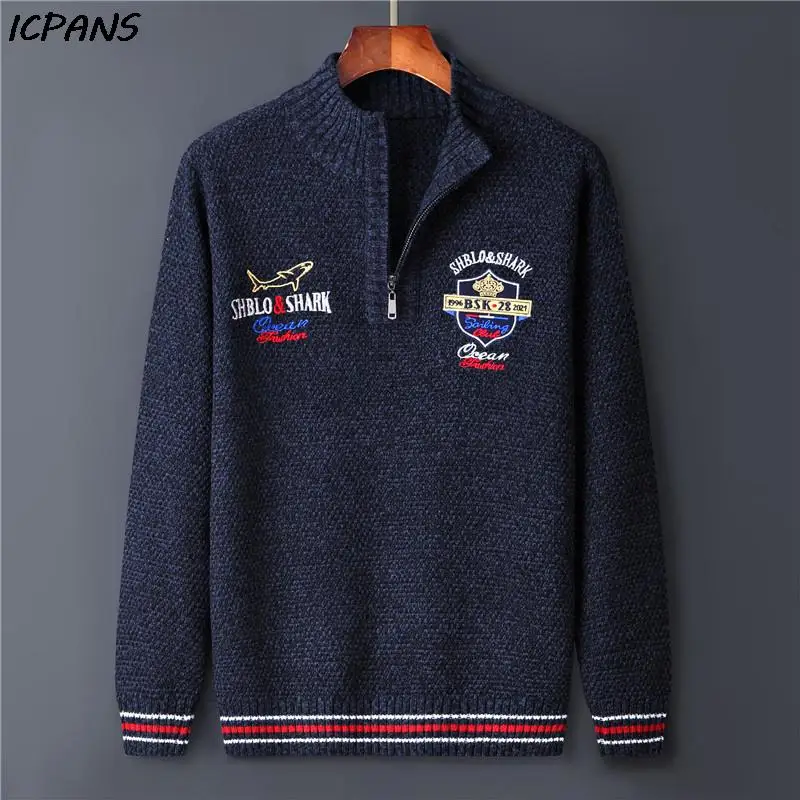 Half Zipper Shark Male Pullover Knitted Cotton Wool Men Sweater Clothes Letter Vintage Red Black Knitted Coat Jackets