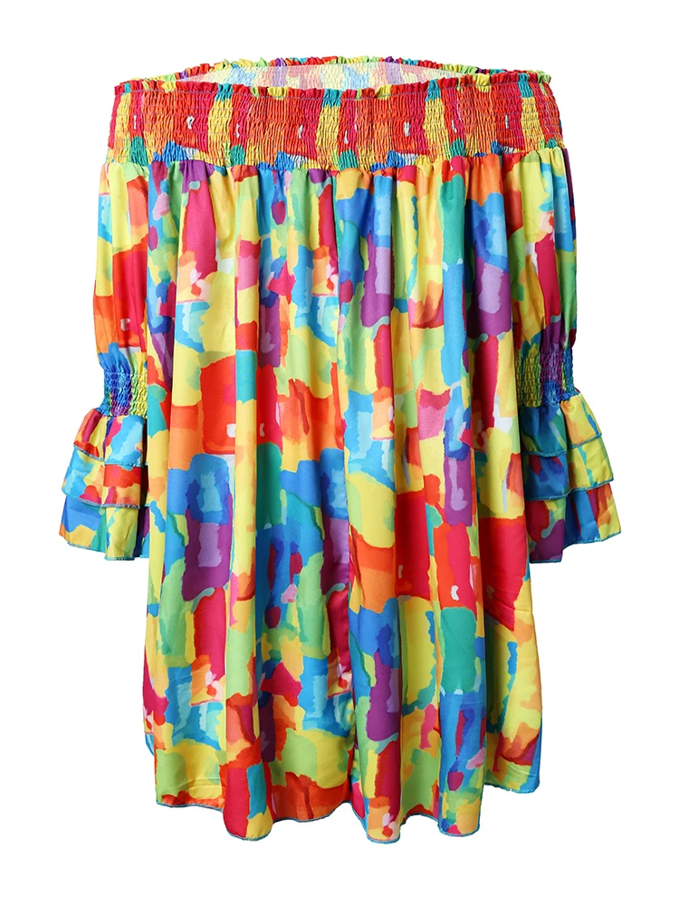 Plus Size Melting Colors All-over Print Off Shoulder Casual Dress