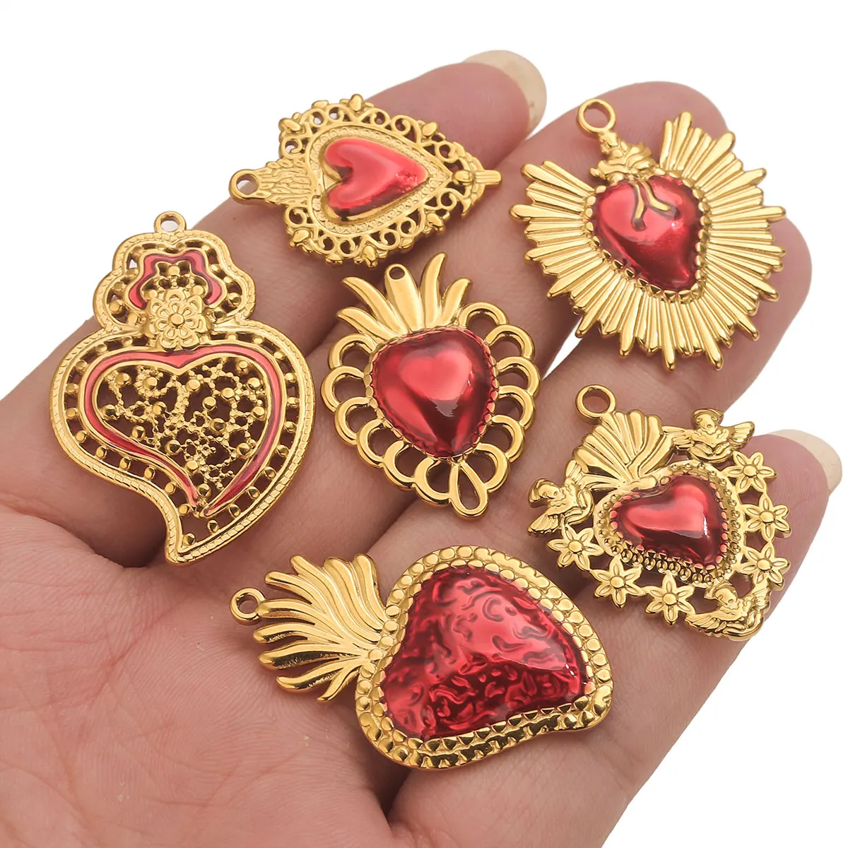 3 قطعة الفولاذ المقاوم للصدأ الأحمر المينا على شكل قلب سحر مطلية بالذهب عقد دي اي واي سوار أقراط مستلزمات صناعة المجوهرات بالجملة