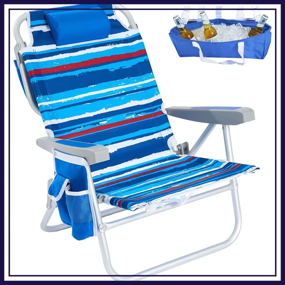 

Low Beach Chair 5 Position Lay Flat, Portable Folding Backpack Chair with Cooler Bag & Cup Holder for Outdoor/Lawn/Picnic/Fishing (New BlueStripe)