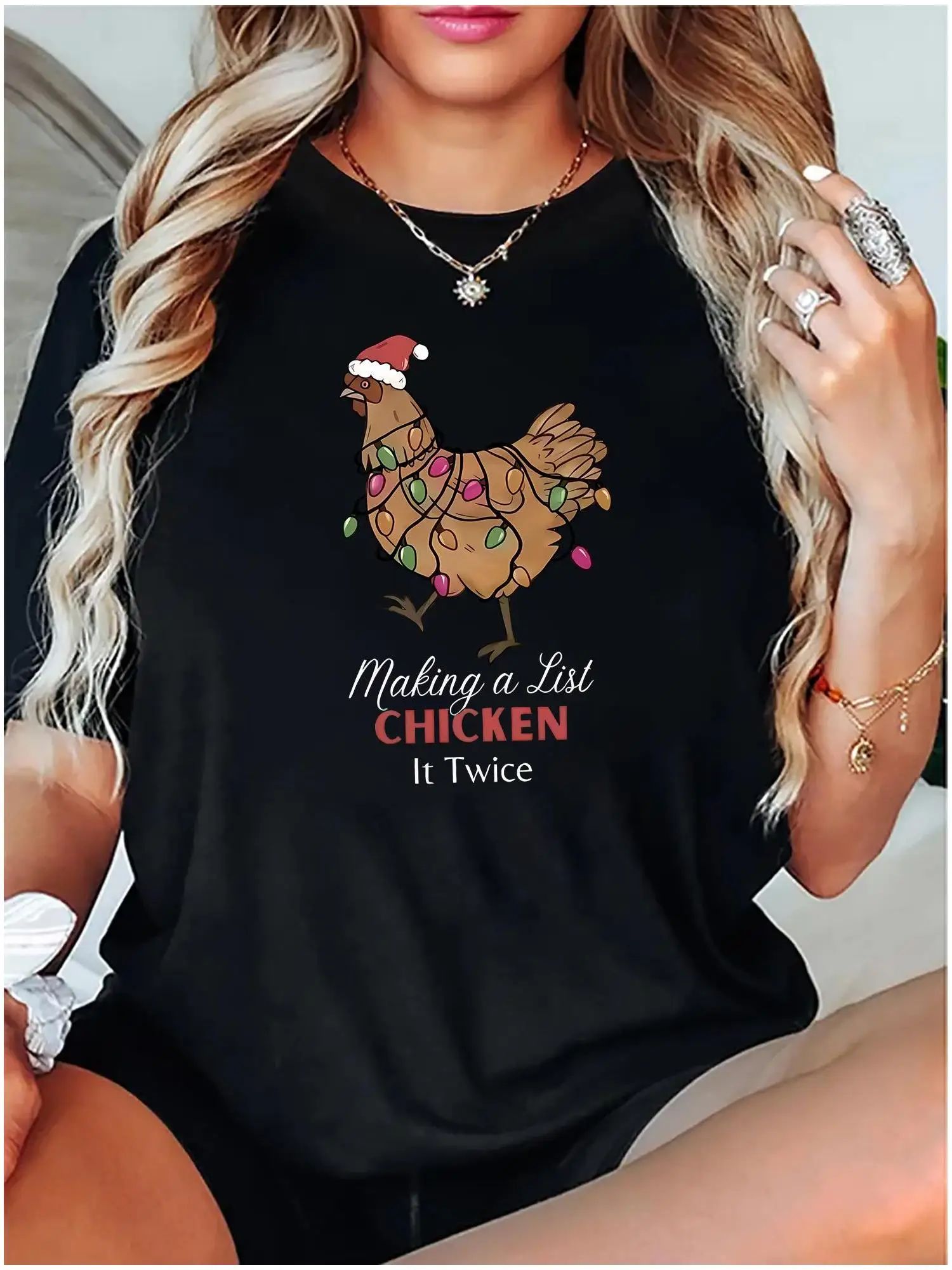 

Women's Christmas Chicken Graphic T-Shirt"Making a List" Santa Hat Lights Design Soft Stretch Casual Round Neck Tee