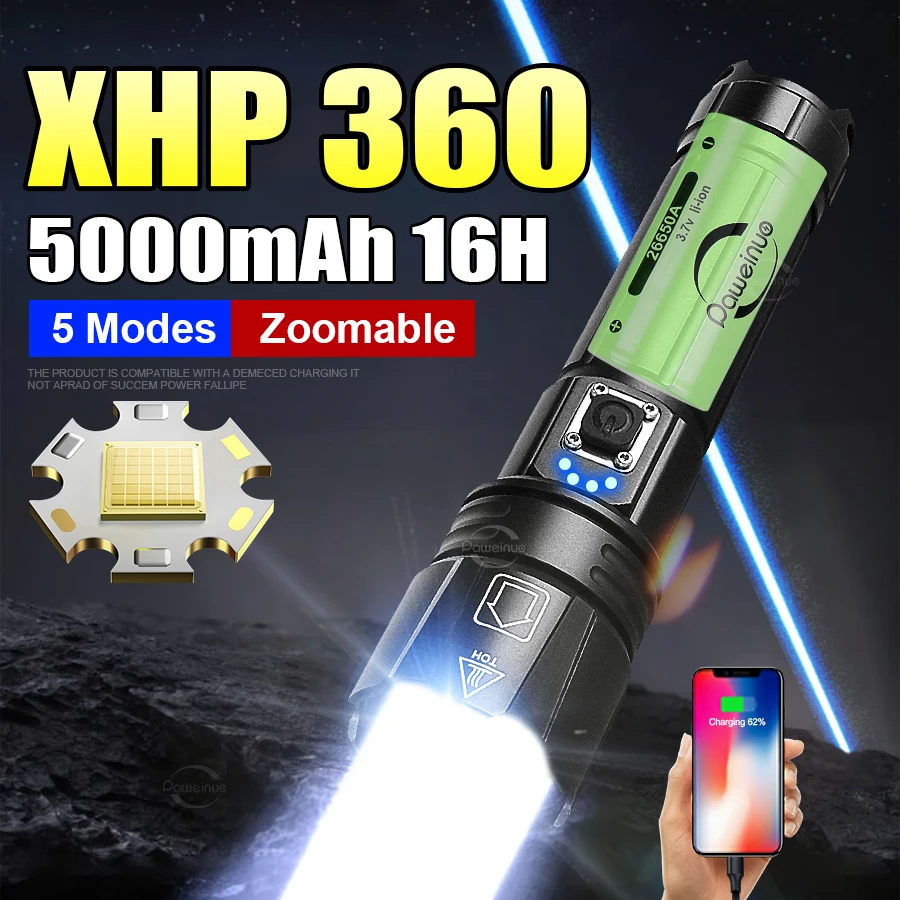 

2024 5000mAh Super Powerful XHP360 36Core LED Flshlight USB Rechargeable High Power Tactical Flashlights Telescopic Zoom Lantern