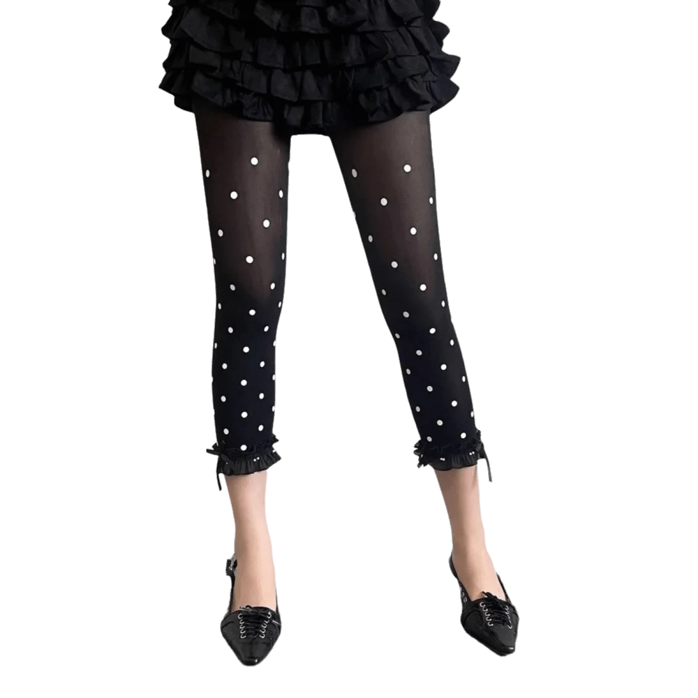 Cool Lace Trim Thin Leggings Thin Material Polka Dot Girls Pants Velvet Fabric Retro Style Capri Pants Y2K Style