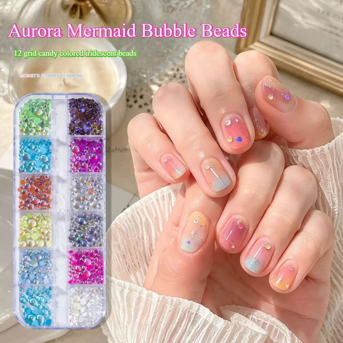 2026 new 12 grid mermaid bubble beads,DIYnail accessories mixed coloraurora illusion flat bottom diamond can decorate nail tools