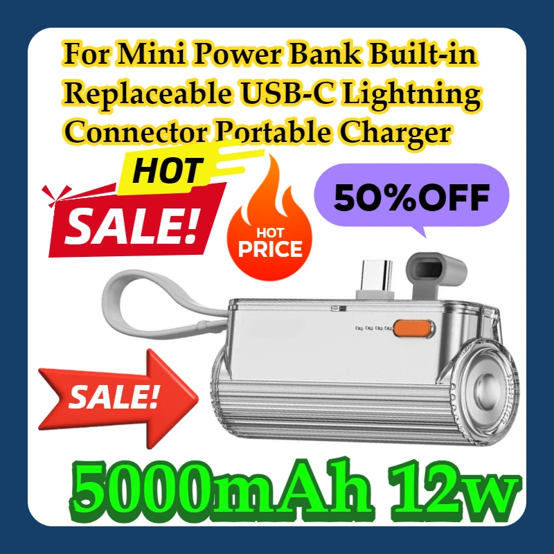 

For Mini Power Bank Built-in Replaceable USB-C Lightning Connector 5000mAh Portable Charger