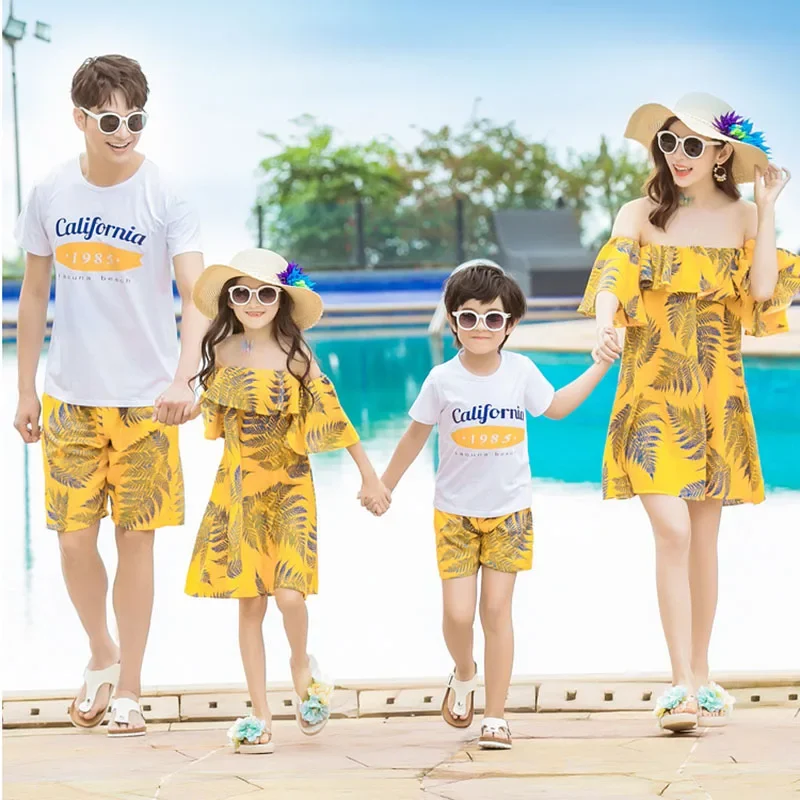 

Family Matching Outfits Summer Beach Wear Couples Clothes Men Boys Cotton Short Sleeves T shirt Pants Women Girls Dress