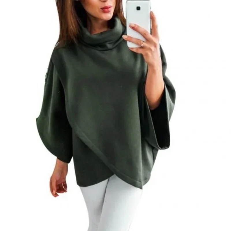 Sudadera asimétrica de cuello alto para mujer, capa de lana, Poncho de ala de murciélago a la moda, abrigos cálidos, capa de invierno, Jersey sólido