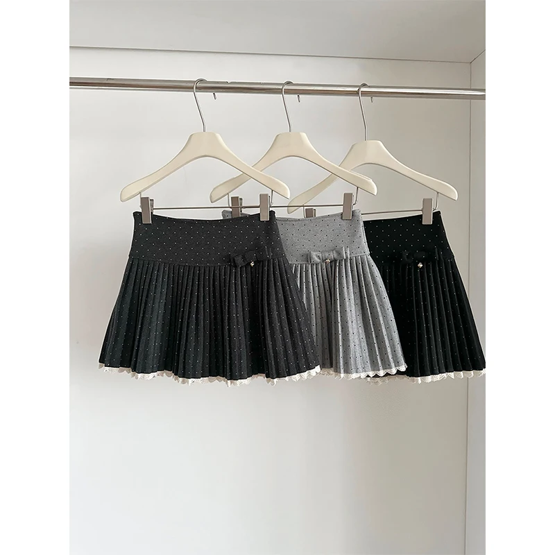 MEXZT Kawaii Polka Dots Mini Skirt Women Fashion Cutecore Bow Black Pleated Skirts Winter Harajuku Korean Design A Line Faldas