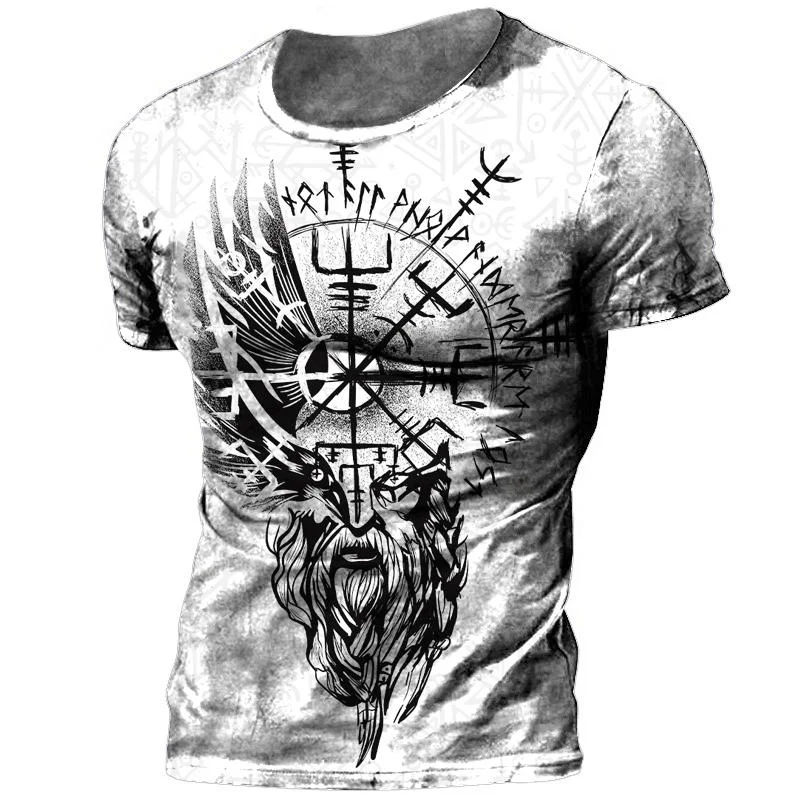 Men Vintage Gray T-Shirt  Raven Rune Compass All Over Print Norse Mythology Graphic Crew Neck Short Sleeve Casual Tee