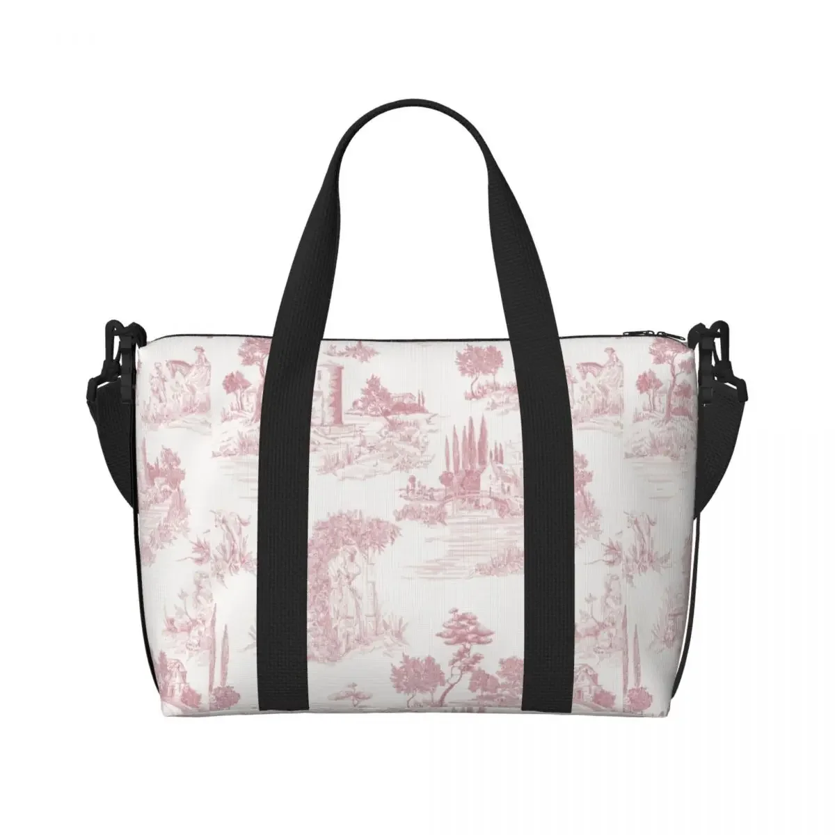 Custom Vintage Toile De Jouy Tote Bag Women Large Capacity Blush Pink White Beach Gym Travel Bags