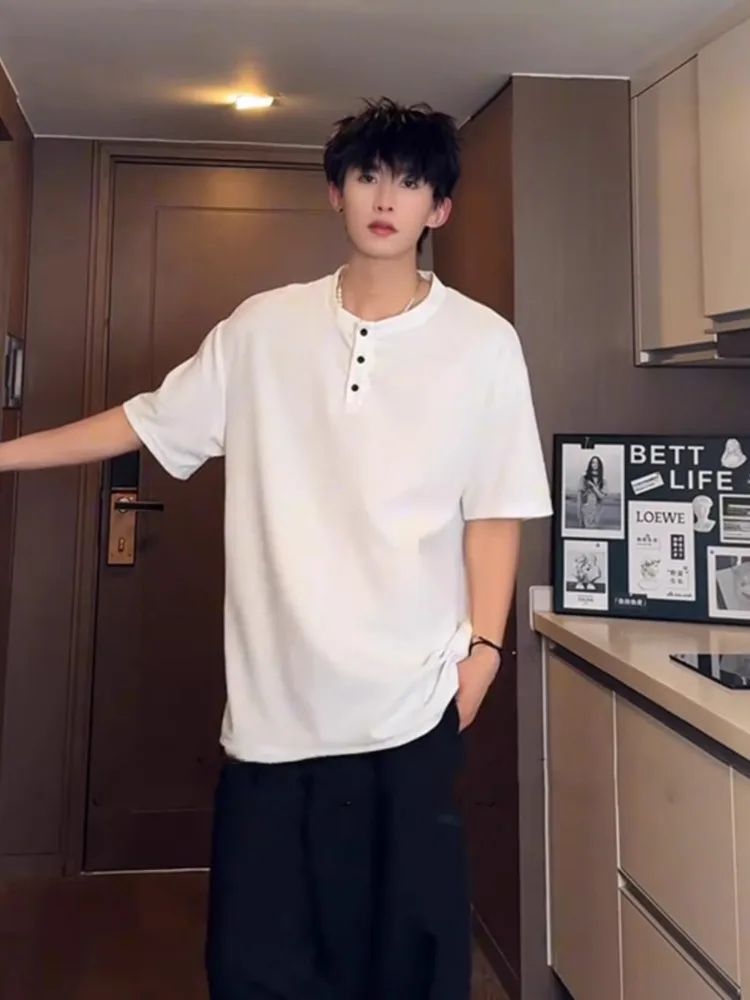 

Мужская летняя футболка American Sle Henry Collar, однотонная, в стиле Cleanfit, модная, брендовая, высококачественная, повседневная.