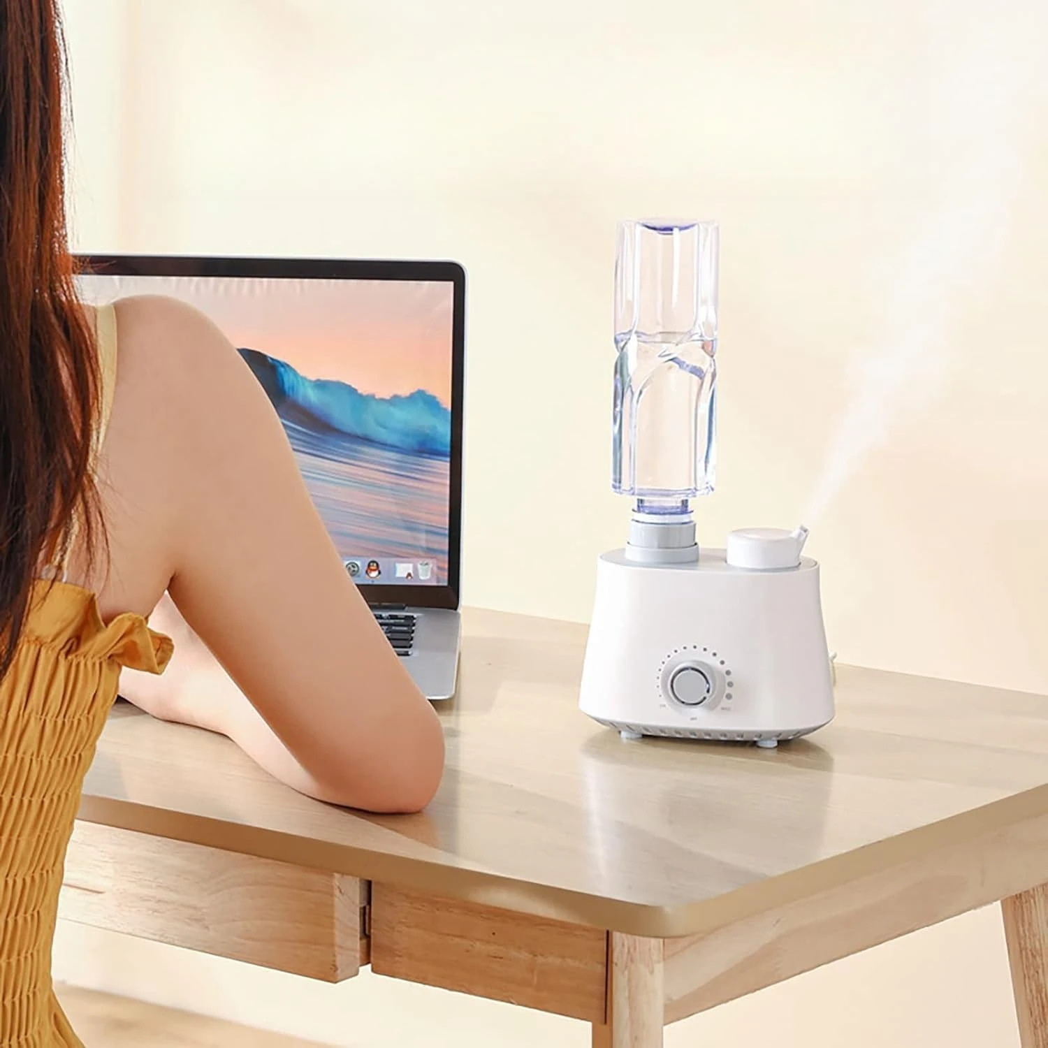 Convenient, portable, stylish white humidifier water bottle for bedroom, office, and hotel use. Adjustable, leak-proof design wi