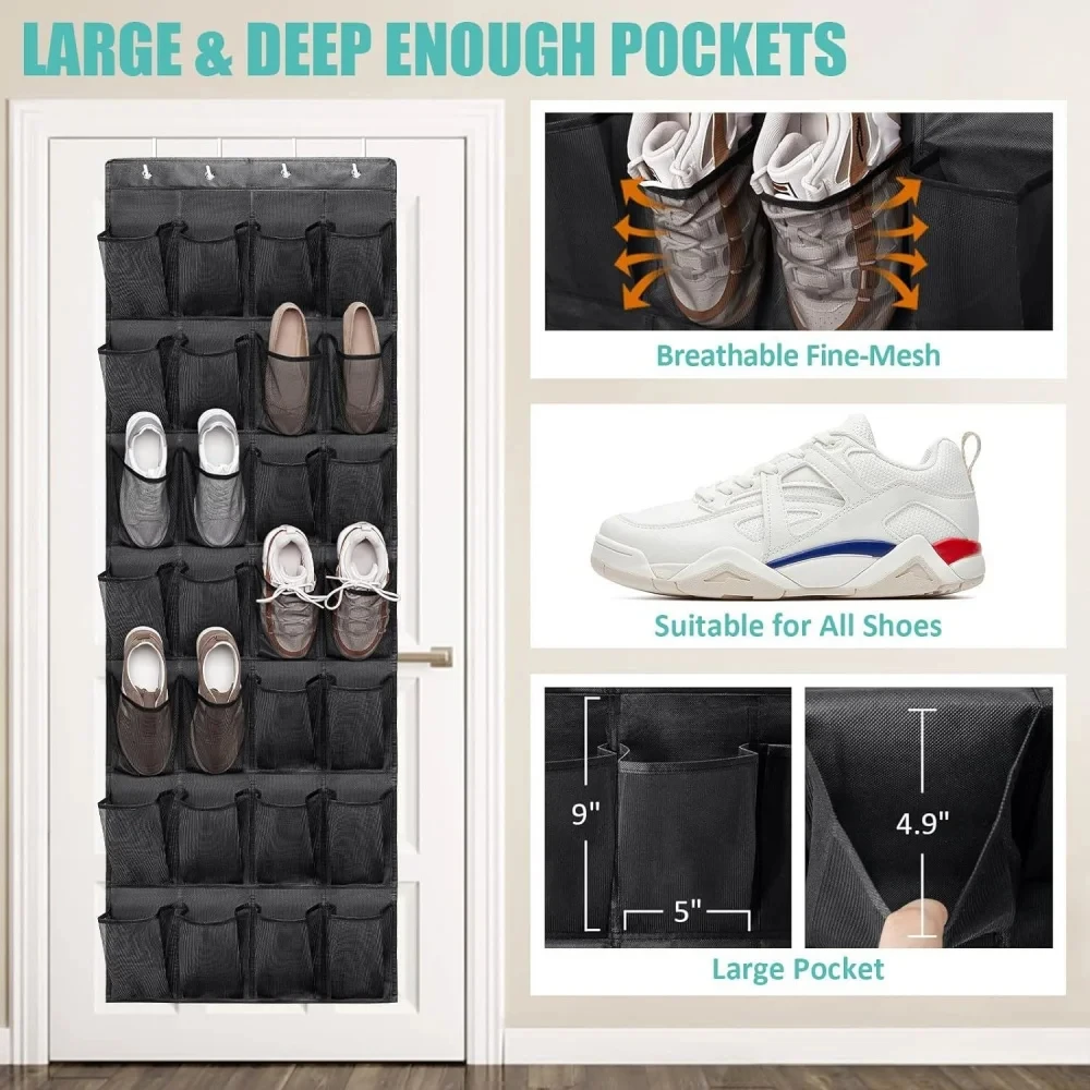 Slip Resistant Breathable Space Saving Mesh Large 12/24 Pocket Shoe Organize Up to 40 Pounds Over the Door Sturdy Closet
