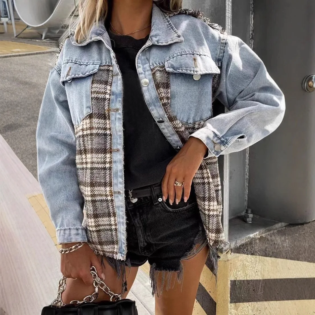 

Spring Autumn New Fashion Cowboy Splicing Checkered Women Long Sleeve Jacket Simple Collar Female Loose Coat