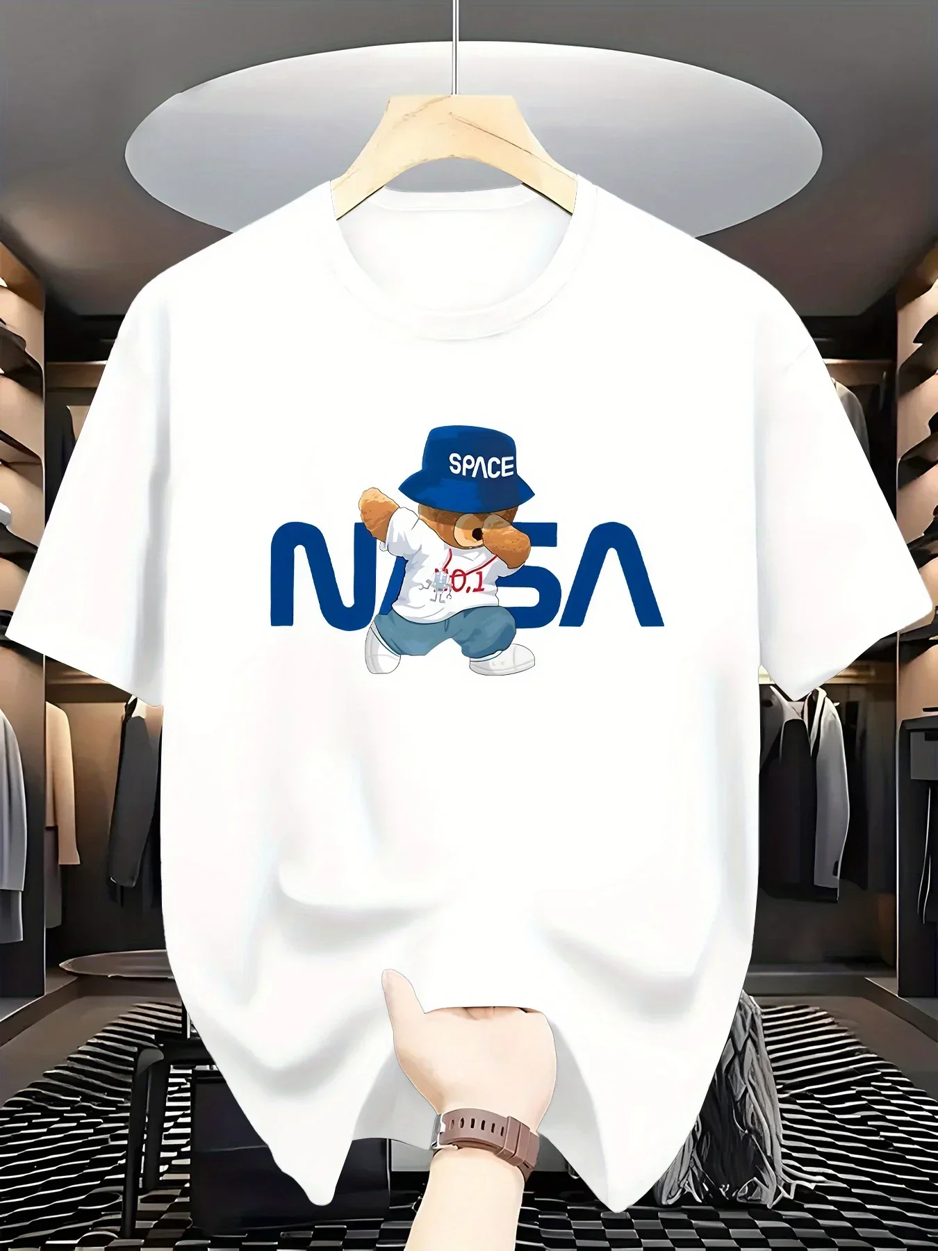 الصيف الوالدين والطفل 100% القطن موضة عادية رياضية فضفاضة ناسا منقوشة مطبوعة الرياضة الجولة الرقبة قصيرة الأكمام تي شيرت #1