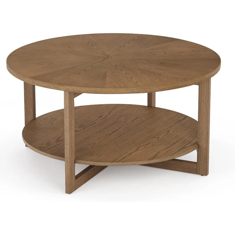 Table Basse Circulaire Rustique Moderne Ronde de 35 Pouces avec Étagère de Rangement à 2 Niveaux, Table de Canapé, Table de Cocktail pour Salon, Bois Foncé