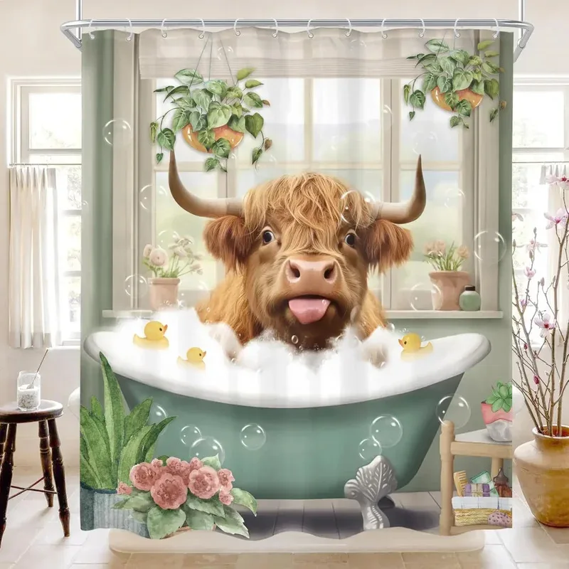 

ZYJ01Funny Highland Cow Shower Curtain Farm Cartoon Pig Dog Flower Plant Rustic Farmhouse Kid Polyester Fabric Bathroom Deco7Dc