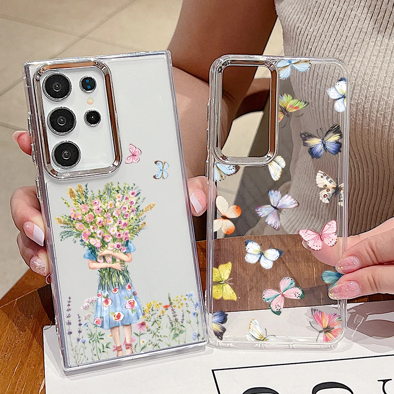 Plating Lens Clear Butterfly Case For Samsung Galaxy A55 A54 A35 A25 A15 5G A52 A53 A34 A14 S20 S21 FE S22 S23 S24 Ultra Capa