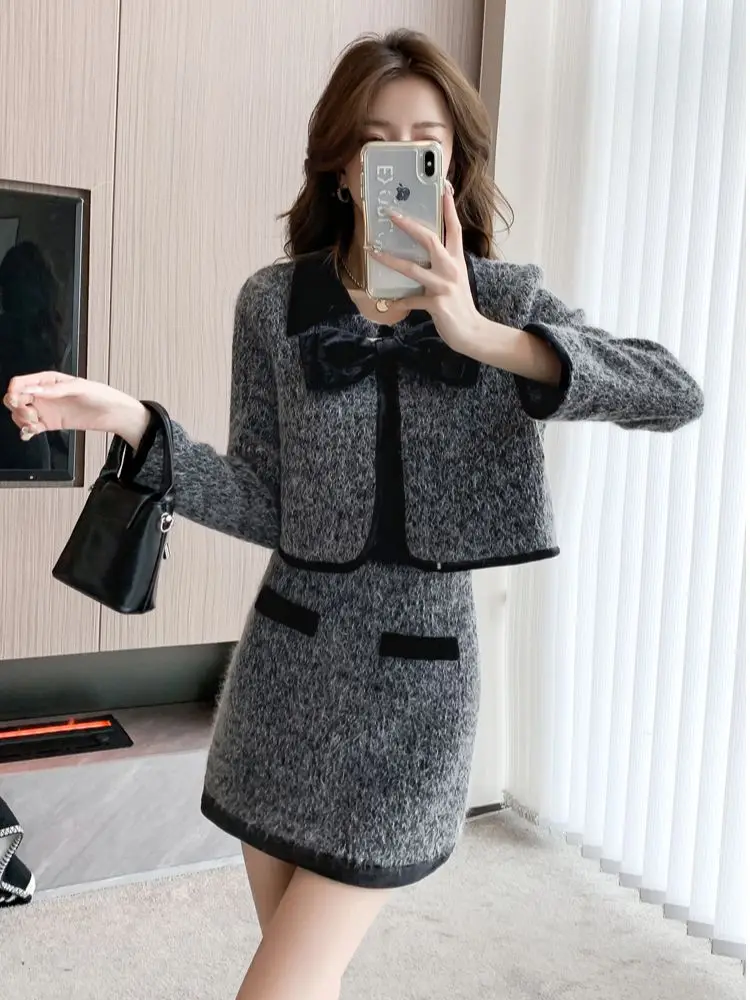 

Women Elegant Chic Fragrant Y2K Suit Bow Jacke Coat And Skirt Two Piece Set Outfit Winter Vintage Woolen Prom Party Warm Cloth