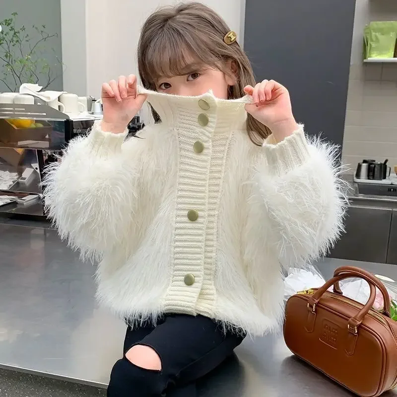 Girls Sweater Cardigan 2024 New Fashion Spring Autumn Children Mink Spring Fur Coat Simple Casual Sweater Clothes Top Kid image 4