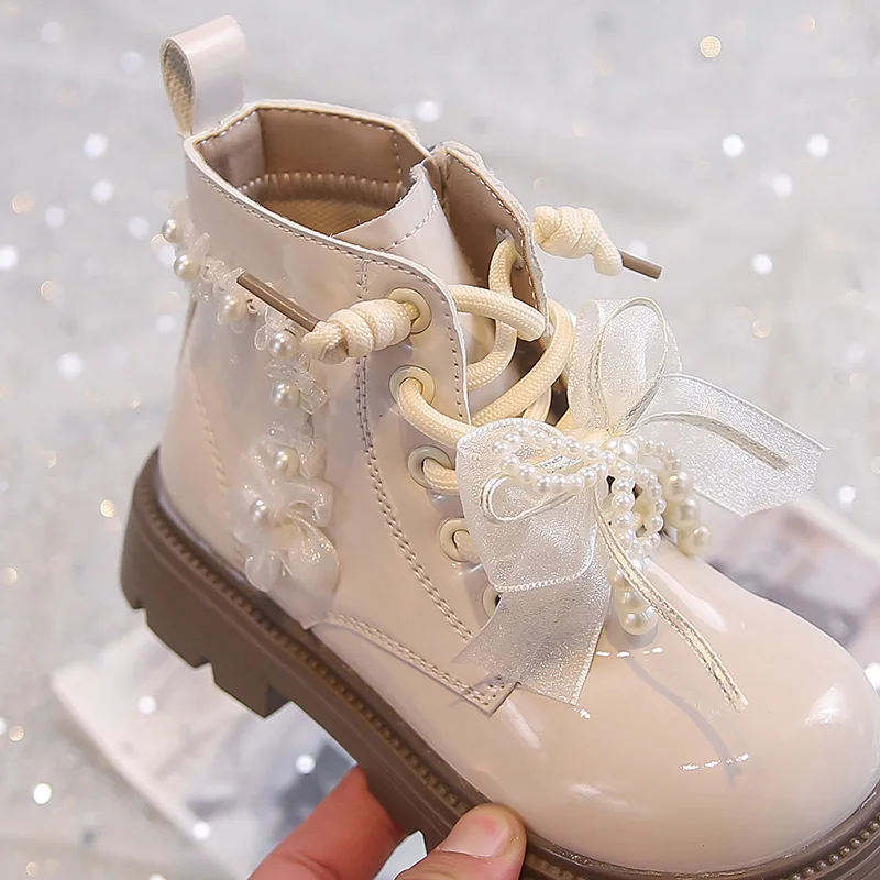 Kleinkind Mädchen Stiefel Herbst Winter Lackleder Kampfstiefel Perlen-Mesh-Schleife, Seitenreißverschluss Rutschfeste Dicke Sohle Prinzessinnen-Knöchelstiefel – Detail 8
