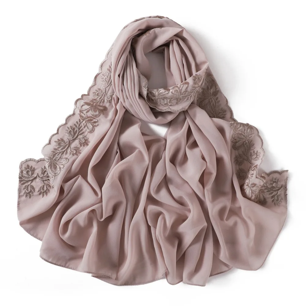 

Versatile Elegant Women Hijab Chiffon Thin Embroider Scarf Embroidered Edging Breathable Headscarf Shawl Women Headwear
