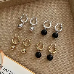 Pendientes de Metal con cuentas negras para mujer y niña, aretes huecos con hebilla para la oreja, diseño de moda minimalista coreano, regalos de joyería ins