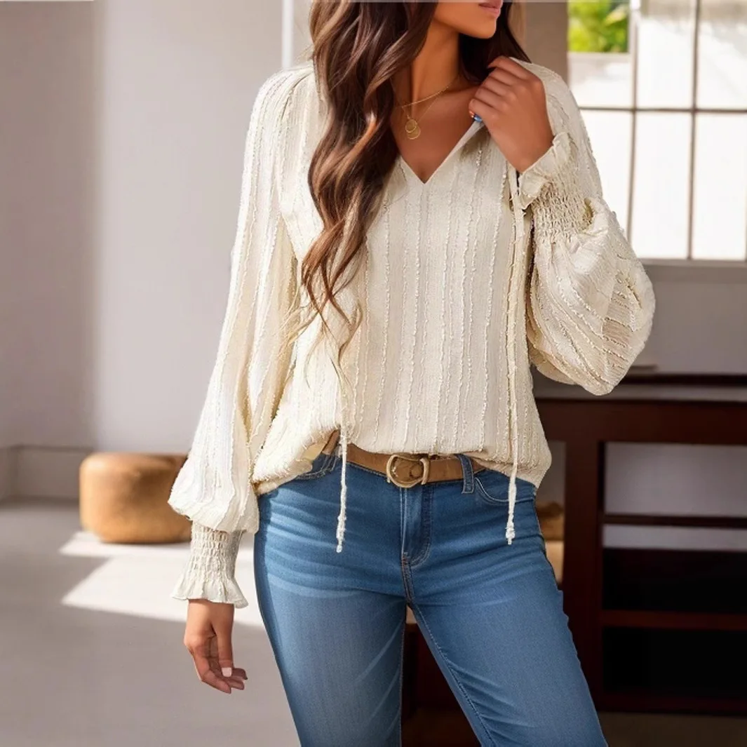 

Ele V-ne Dstring Long Sve irt Women's Pure Color Texture Patterned Loose Fit Winter Faion Ladies' Top