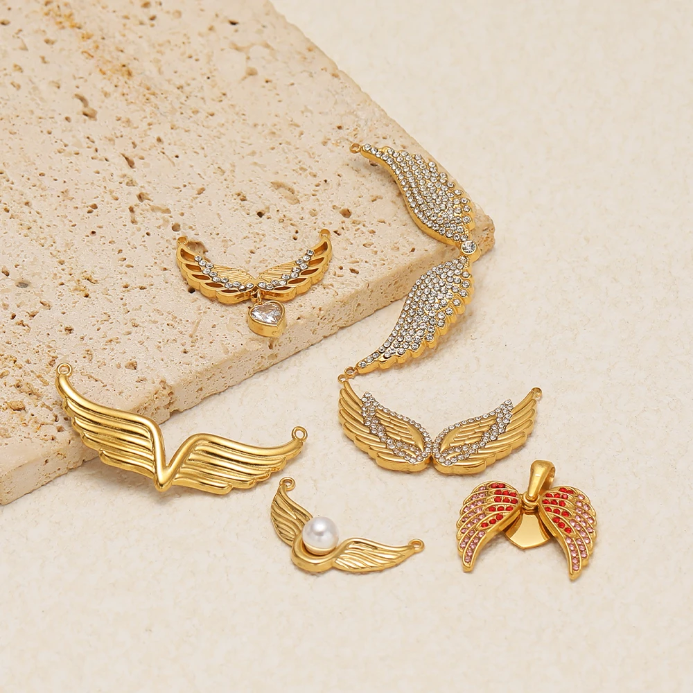 2 Stück Edelstahl-Engelsflügel-Anhänger mit Mikro-Pavé-Verzierung, Halsketten-Verbindungsstücke für DIY-Schmuckherstellung, Armband-Zubehör – Detail 4