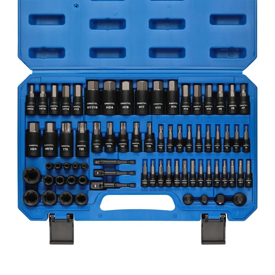 

Набор из 71 предмета: биты Torx и шестигранные головки, универсальный набор SAE и метрических размеров, приводы 1/4, 3/8 и 1/2 дюйма, сталь S2 и CrV, включает E4, E24, торцевые головки.