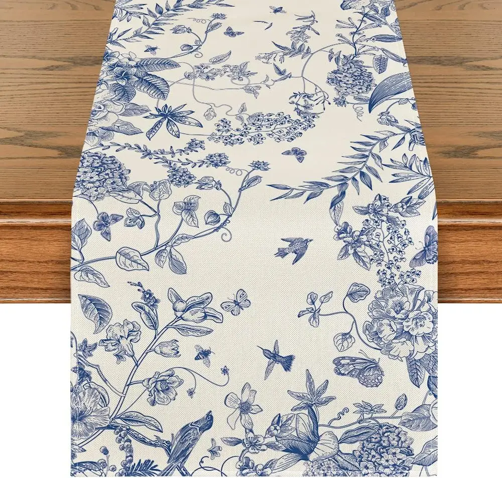 

Blue White Porcelain Flowers Birds Summer Linen Table Runners Seasonal Fall Kitchen Dining Table Decor Dresser Scarf Table Decor