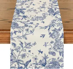 Blue White Porcelain Flowers Birds Summer Linen Table Runners Seasonal Fall Kitchen Dining Table Decor Dresser Scarf Table Decor