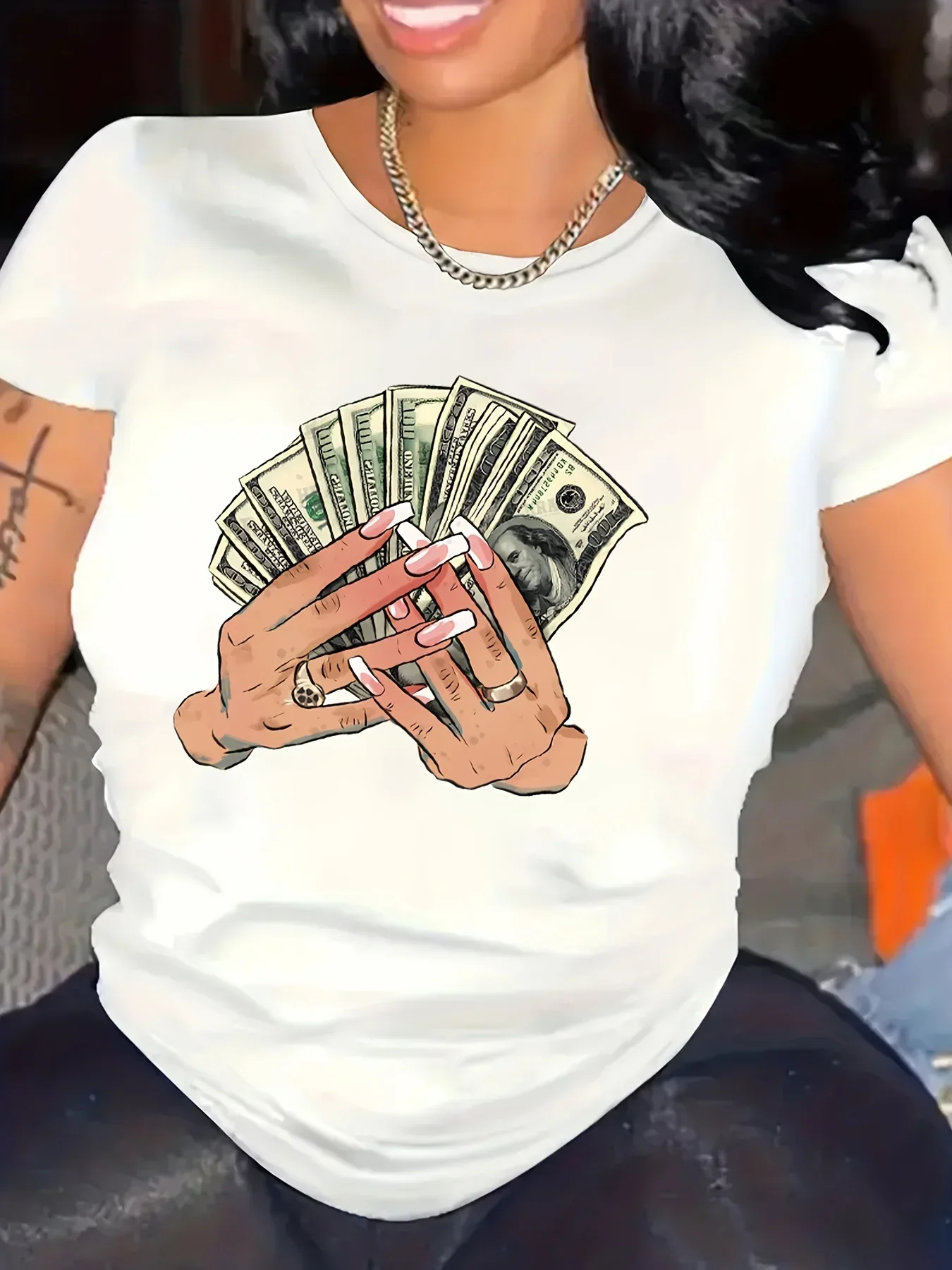 

Money Print T-Shirt, Women's Casual Short Sleeve Crew Neck Top for Spring \u0026 Summer Fashion
