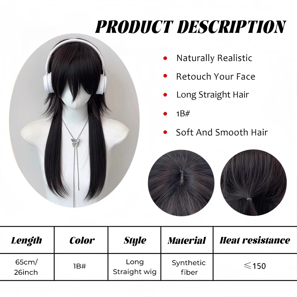 OLACARE Short Mullet Head Wigs with Bangs Synthetic Straight Anime Men Black Gray Green Hair Wig for Daily Party Cosplay