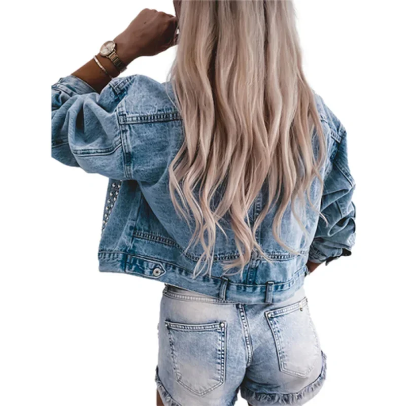 Fashion Rivets Decoration Short Jacket Women Large Pockets Patchwork Coat Female Casual Single-breasted Cardigan Denim Outerwear