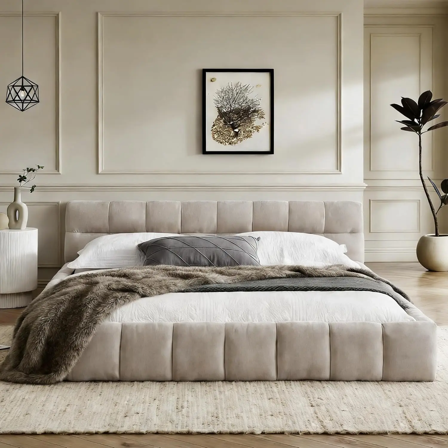 Modern Grounded Chenille Bed Frame, Low Profile Upholstered Platform Bed with Inset Design, No Box Spring Needed, Quiet & Sturdy