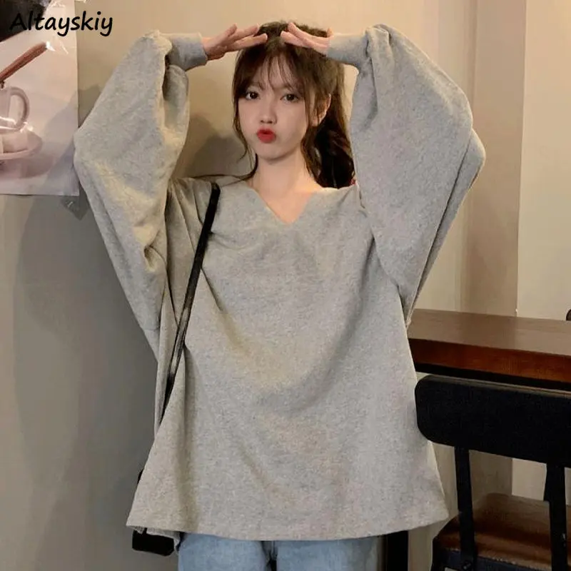 Hoodies Women Simple 4-colors Korean Girlish Side-slit Leisure Solid Long Sleeve Lazy Daily Hooded Ulzzang Hipster Street Wear