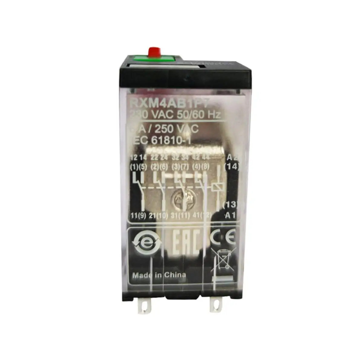 RXM4AB1P7 miniature plug in relay, Harmony Electromechanical Relays, 6A, 4CO, lockable test but to n, 230V AC