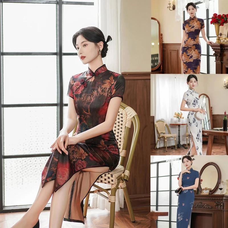 

2025 women vintage Chinese Qipao Summer Elegant Floral Print Traditional Cheongsam dress female Casual Bodycon High fork Qipao