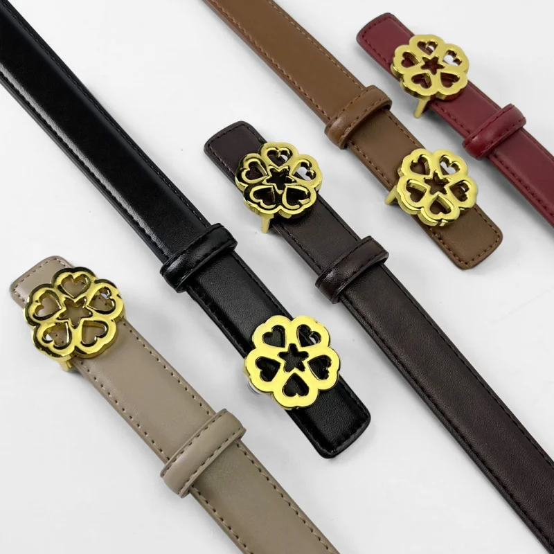 new Women's Flower Belt Versatile Retro Bronze Buckle Cowhide  Belt Simple and Elegant Decorative Dress Suit Apparel Accessories