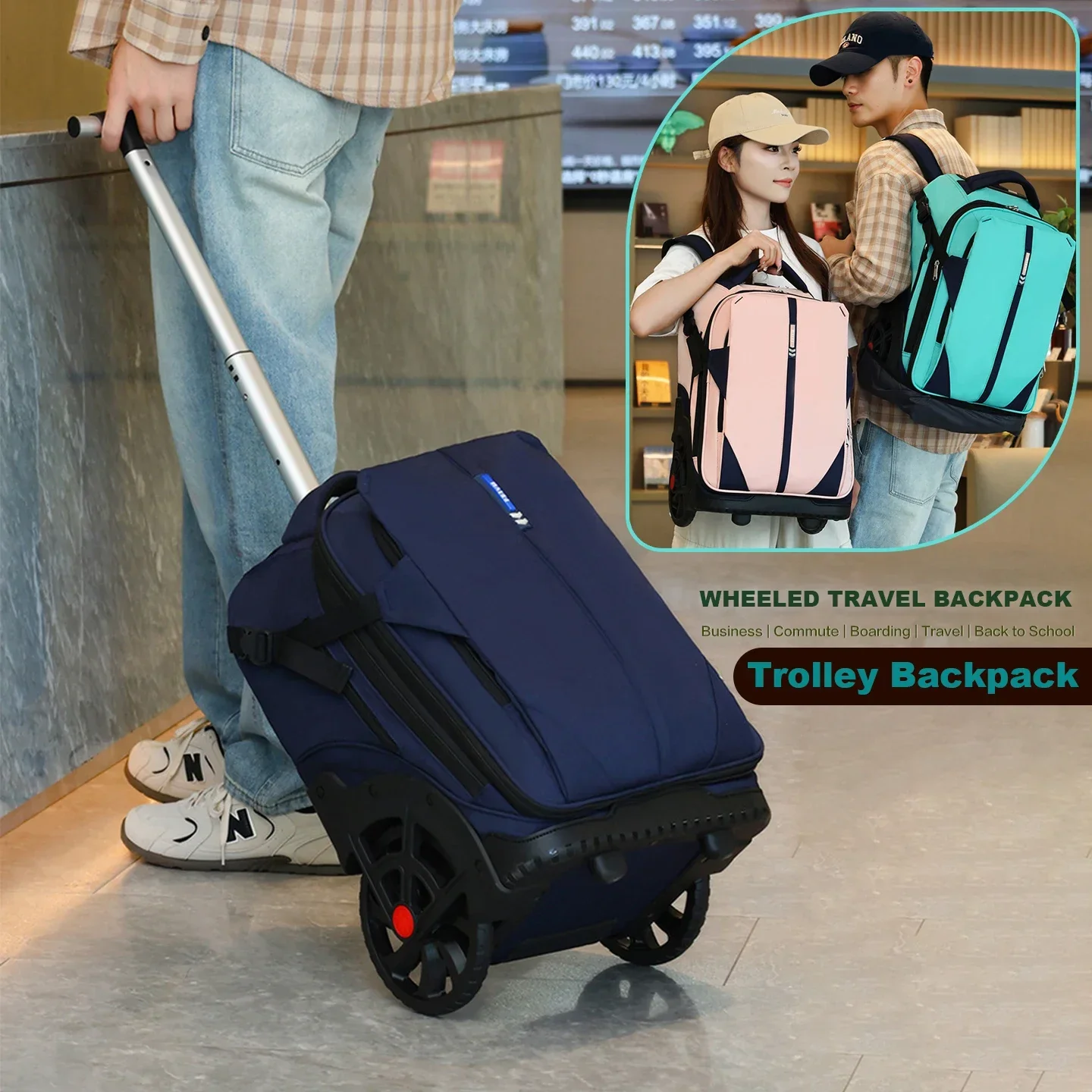 Wheeled Trolley Backpack Large Capacity Carry On Laptop Rolling Bag with Big Stair Climbing Wheels Business Travel School B