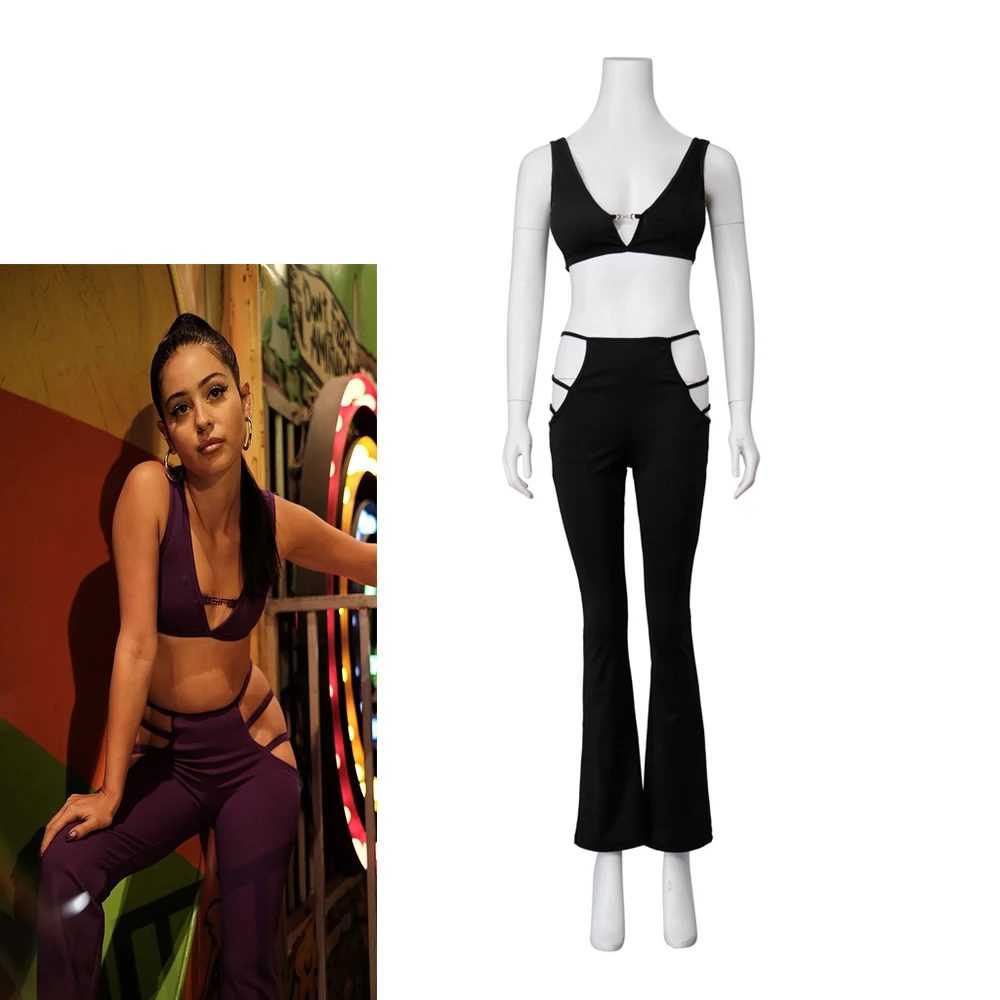 

TV Series Euphoria Maddy Perez Cosplay Costume Sexy Black Bra Hollow Waist Slim Pants Halloween Carnival Party Y2K Streetwear