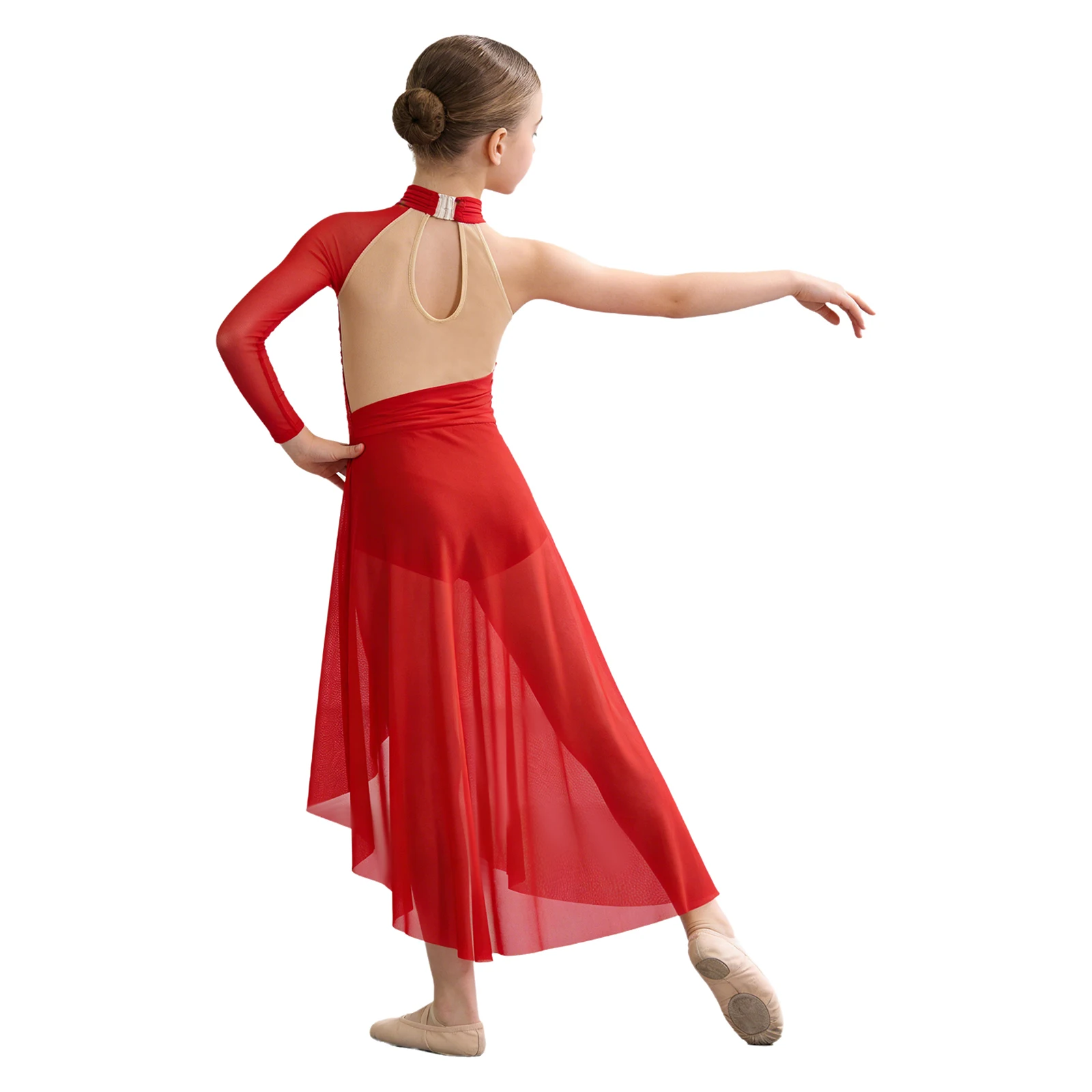 Kids Girls Keyhole Back Side Split Asymmetrical Mesh Dress Dancewear Lyrical Latin Jazz Ballet Dance Stage Performance Costume
