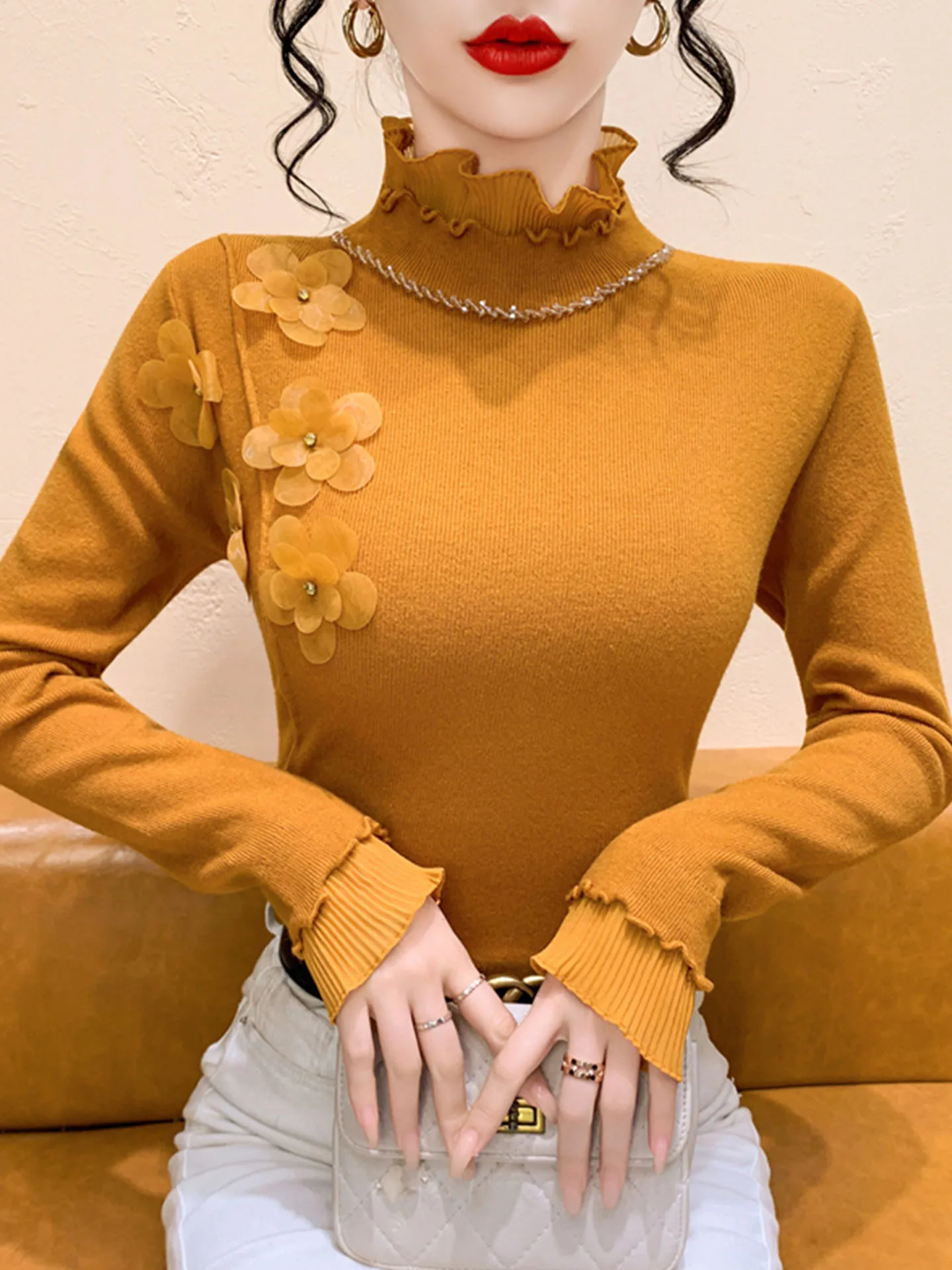 Retro emenda gola alta diamante embelezado fino ajuste camisola de malha para as mulheres outono inverno nova base sle irt topo