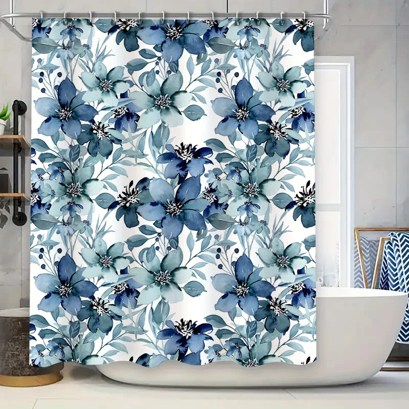 

Занавеска для душа ручной работы с темно-синим цветочным узором для декора ванной комнаты, водонепроницаемая ткань для зоны ванны