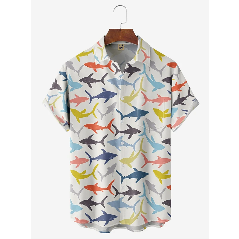 

New Hawaii Shirt For Men Kawaiian Shark Print Short Sleeve Cuban Blouse Beach Summer Holiday Shirts Streetwear Daily y2k Tops